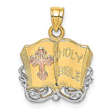 14k Gold Two-tone & Yellow Gold Holy Bible & Cross Charm Pendant