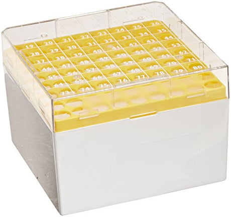 Globe Scientific BioBox 3042Y Polycarbonate Storage Box with Transparent Lid for 3mL, 4mL and 5mL Tubes, Holds 81 Vials, Yellow (Pack of 4)