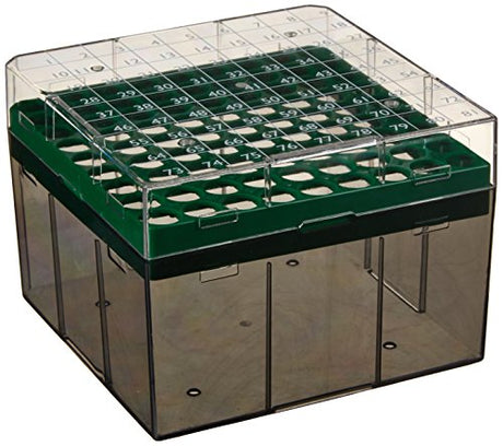 Globe Scientific BioBox 3042G Polycarbonate Storage Box with Transparent Lid for 3mL, 4mL and 5mL Tubes, Holds 81 Vials, Green (Pack of 4)