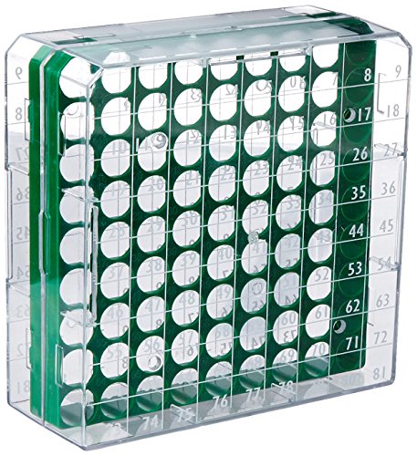 Globe Scientific BioBox 3040G Polycarbonate Storage Box with Transparent Lid for 1mL and 2mL Tubes, Holds 81 Vials, Green (Pack of 5)