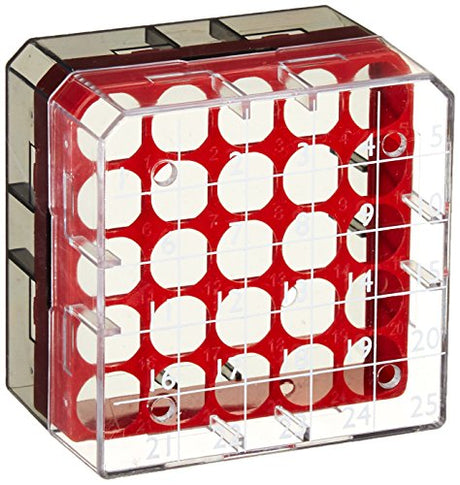 Globe Scientific BioBox 3039R Polycarbonate Storage Box with Transparent Lid for 1mL and 2mL Tubes, Holds 25 Vials, Red (Pack of 8)