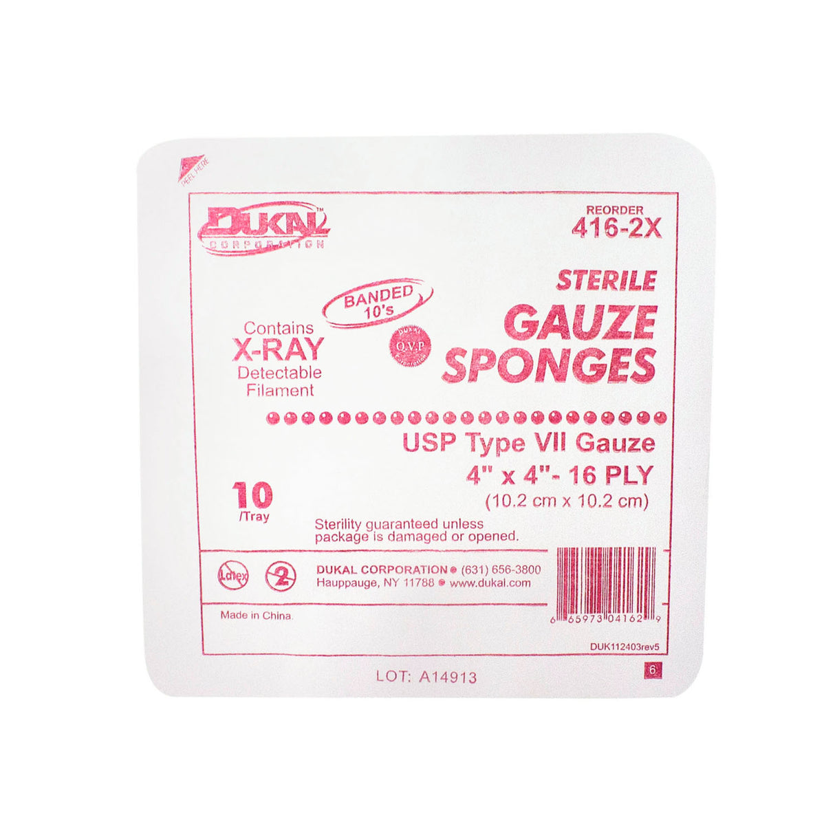 DUKAL X-RAY DETECTABLE GAUZE SPONGES - 416-2X