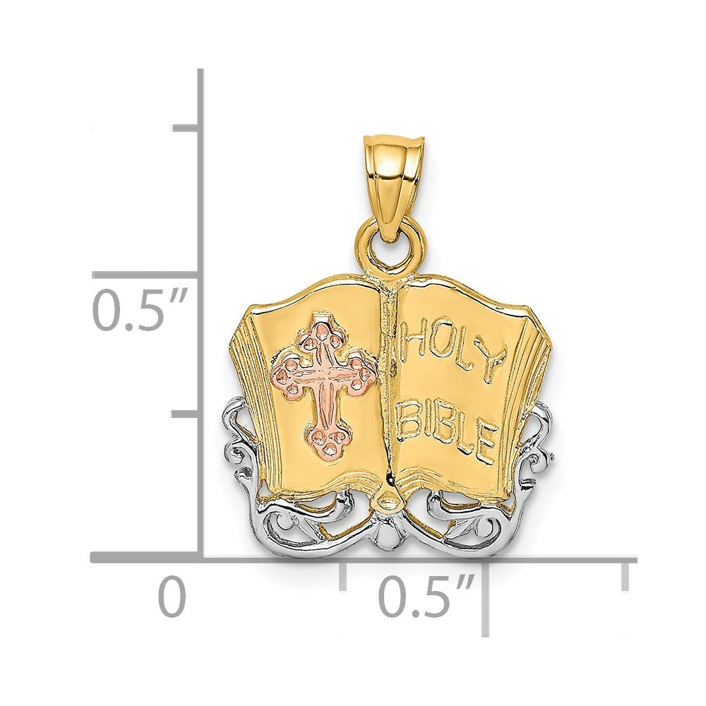 14k Gold Two-tone & Yellow Gold Holy Bible & Cross Charm Pendant