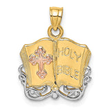 14k Gold Two-tone & Yellow Gold Holy Bible & Cross Charm Pendant
