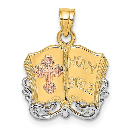 14k Gold Two-tone & Yellow Gold Holy Bible & Cross Charm Pendant