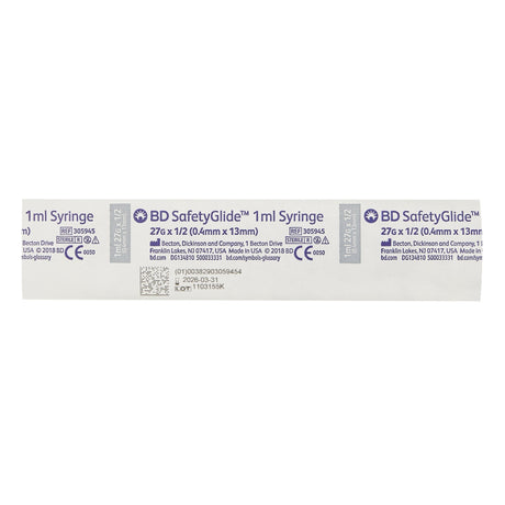 BD SYRINGE, 1ML BD SAFETYGLIDE™ TUBERCULIN, 27 G X ½" PERMANENTLY ATTACHED NEEDLE, REGULAR BEVEL-305945, Cs