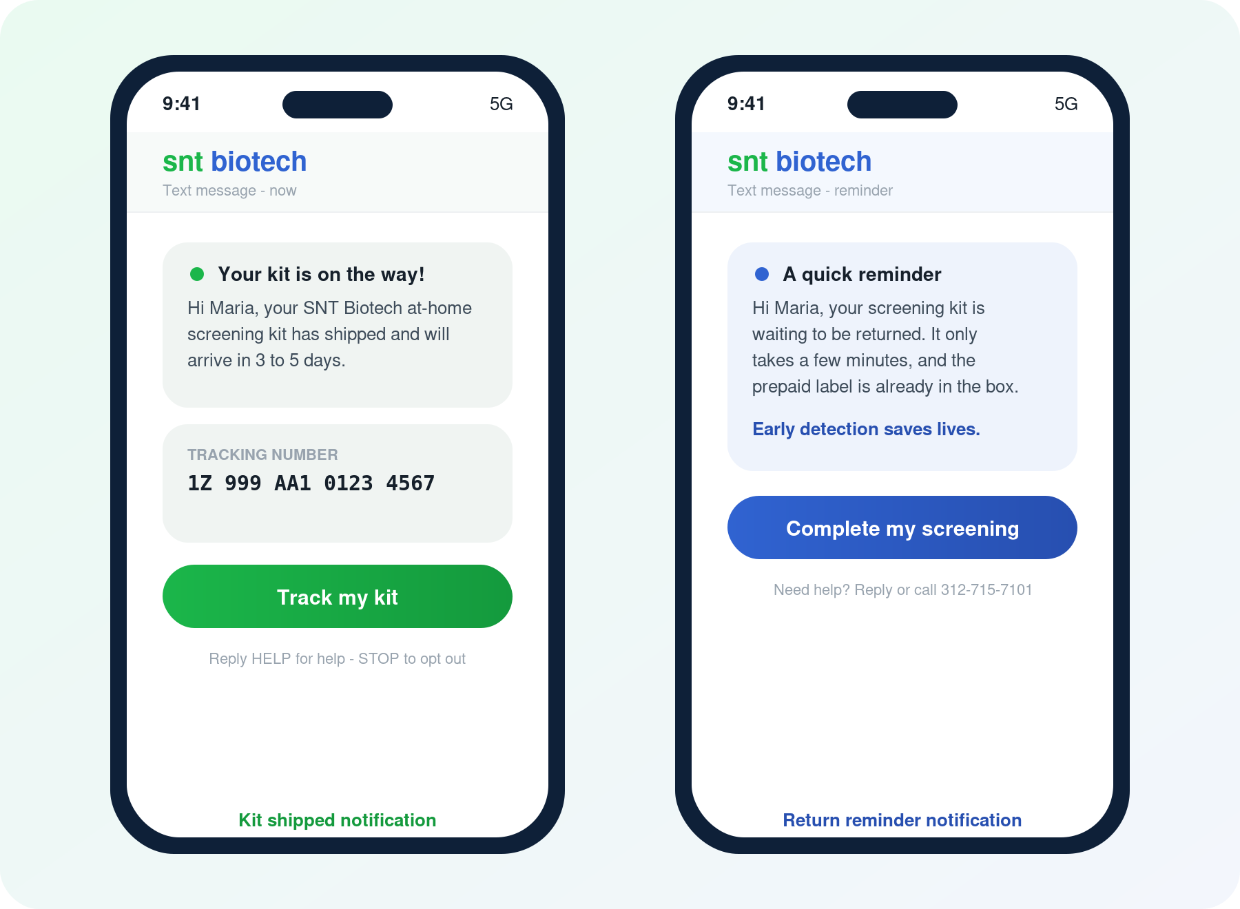 Branded SNT Biotech text notifications: a kit-shipped alert with tracking number, and a return reminder