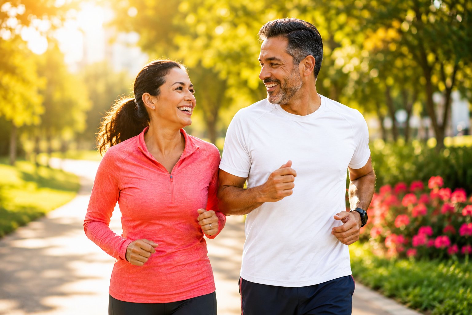 A healthy couple jogging outdoors in the morning sun